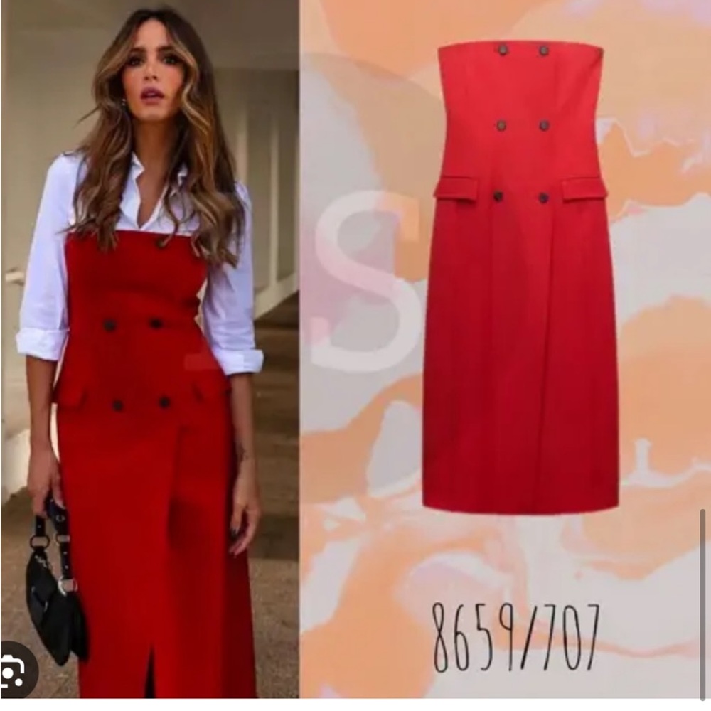 Zara Red Strapless Double-Breasted Midi Dress
